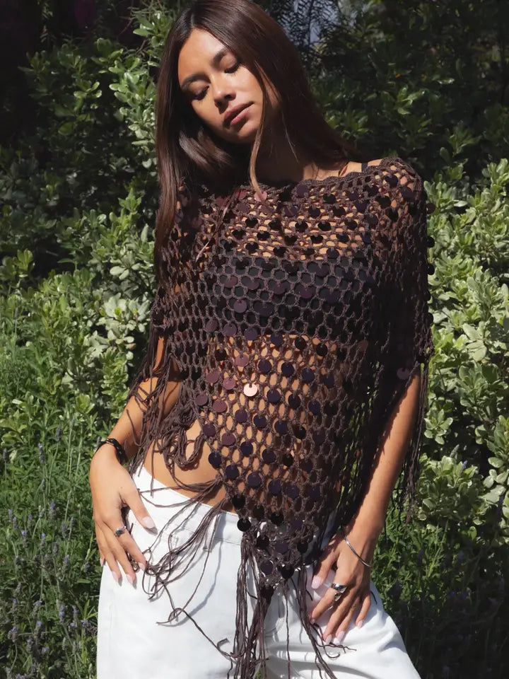 Lunara Sequin Crochet Fringe Knit Poncho