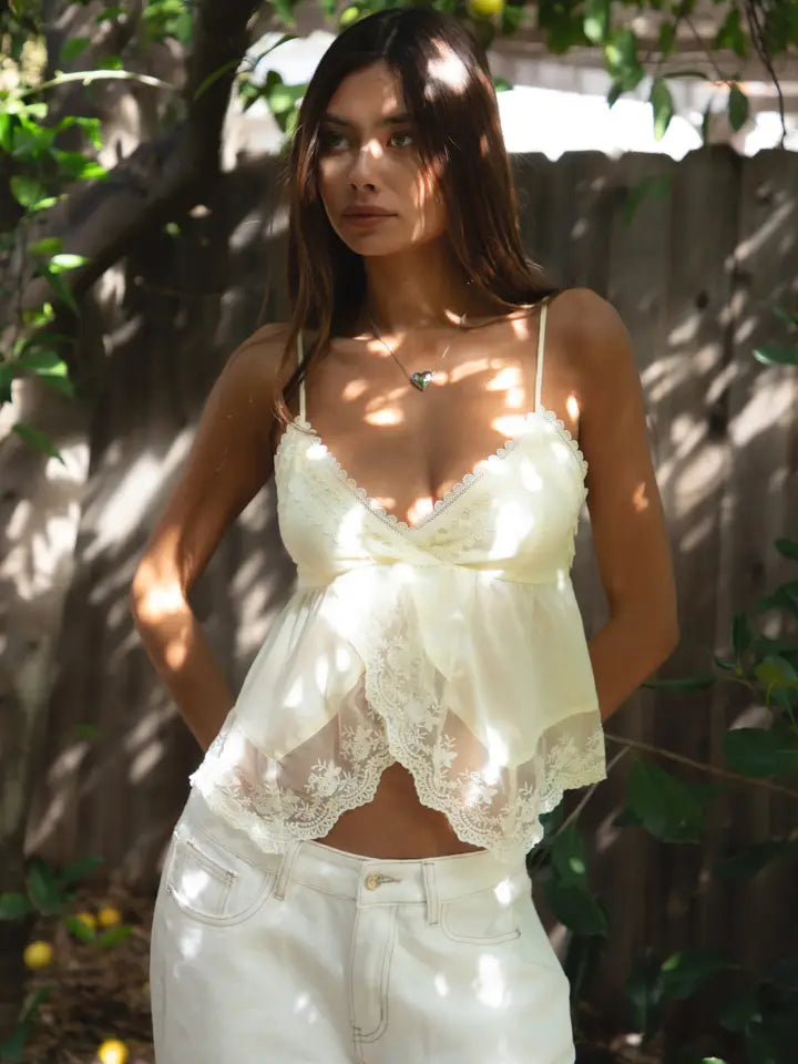 Brielle Babydoll Embroidered Mesh Lace Trim Cami