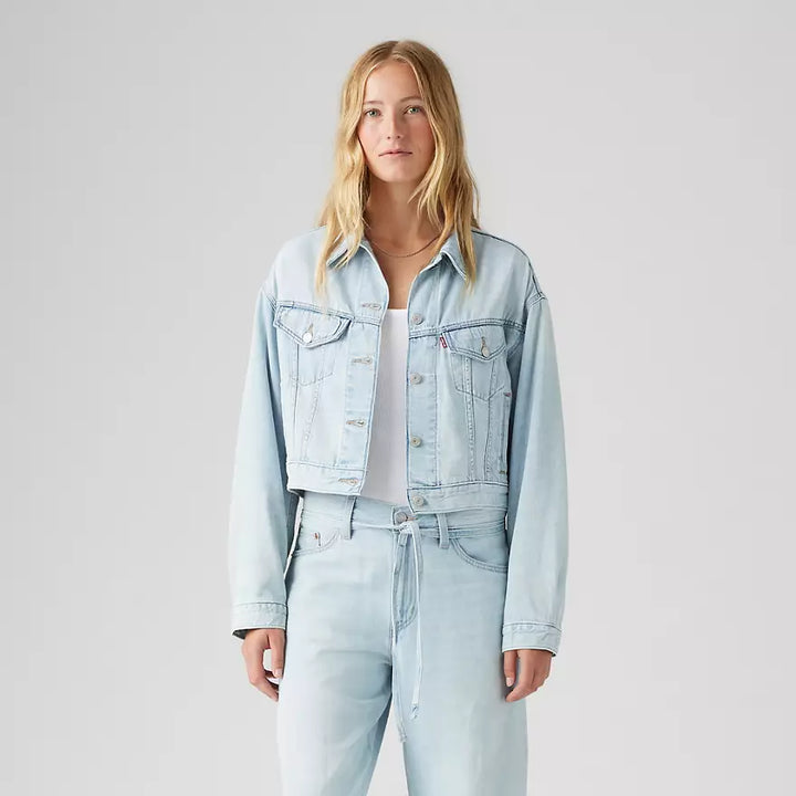 Shrunken '90s Linen + Denim Lightweight Trucker Jacket