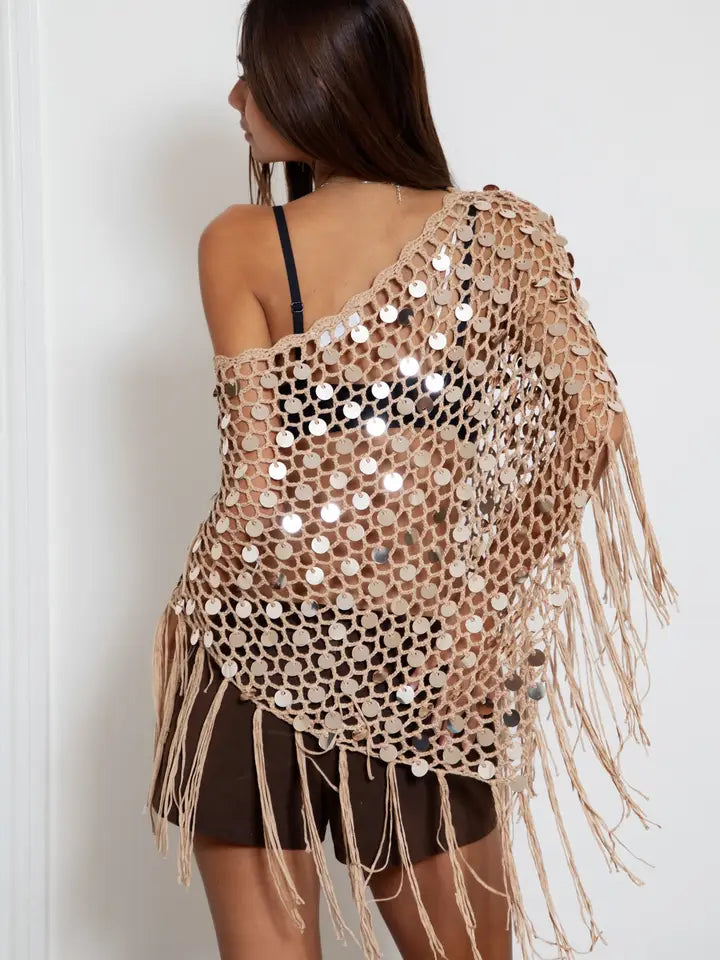 Lunara Sequin Crochet Fringe Knit Poncho