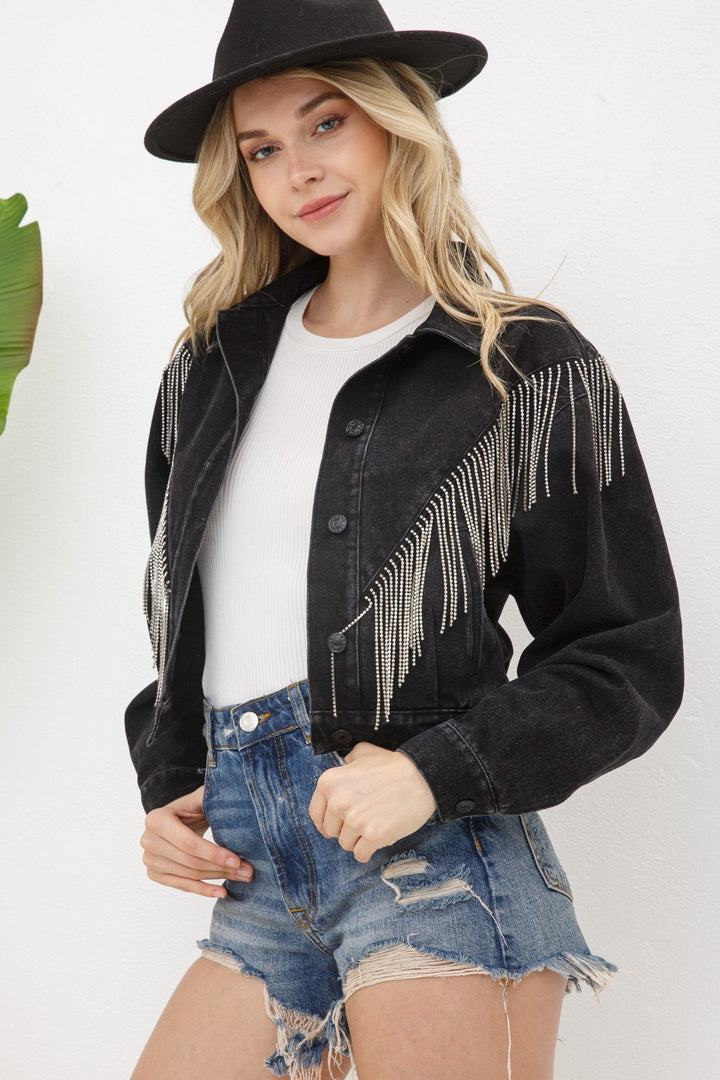 Denim Rhinestone Fringe Jacket